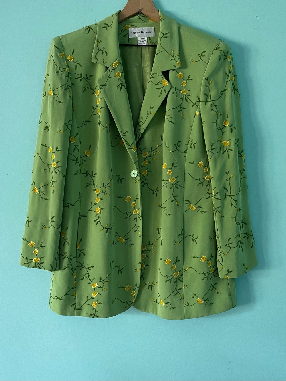 Rena Rowan Vintage Embroidered Garden Floral Silk Green Blazer 16W Yellow Whimsy